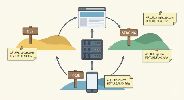 Схема конфигурации dev staging prod без хардкода URL и ключей