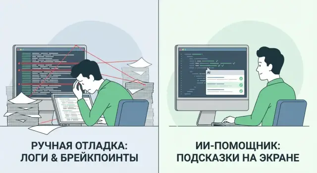 Отладка с ИИ и ручная отладка: сравнение workflow